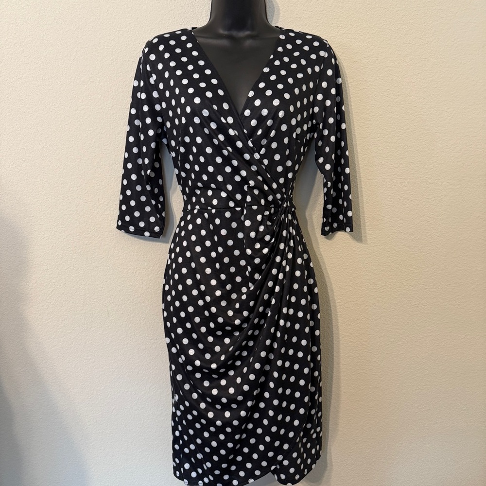 Berydress Women's Classic 3/4 Sleeve V Neck Sheath Black Polka Dot Dress - Picture 4 of 6